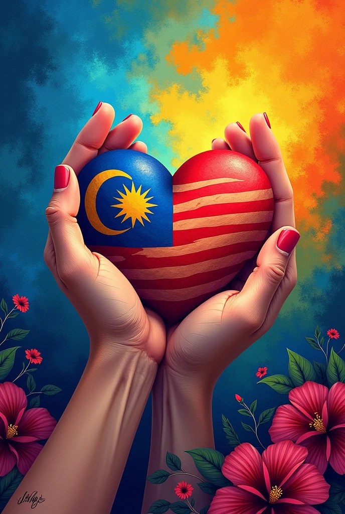 What to add in malaysia merdeka poster creative art for drawing competition. Color pencil art. Hand holding malaysia flag in heart shape