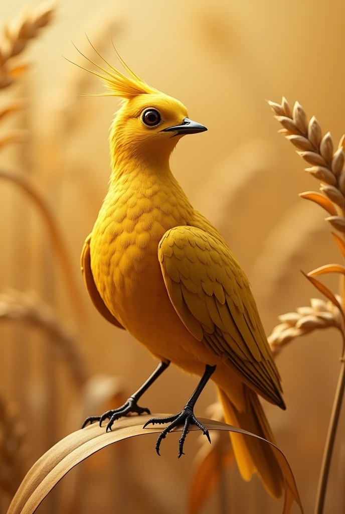 "Create an image of a unique bird with feathers in various shades of mustard yellow. The bird should have a sleek, elegant form, with subtle variations in color creating a gradient effect across its body. Its eyes should be bright and expressive, and the background sitting on a wheat leaf that highlights the mustard tones of the bird."