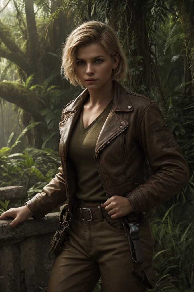 1920s tomboy adventurer, wearing rugged, practical clothing with a utility belt and a leather jacket, short blonde hair styled in a tousled bob, confident determined expression, standing in a dynamic pose, ancient overgrown temple in the jungle, action and adventure, cinematic composition, warm earthy tones, dramatic lighting, high detail, textured clothing, soft shadows, cinematic lighting, low-angle shot
