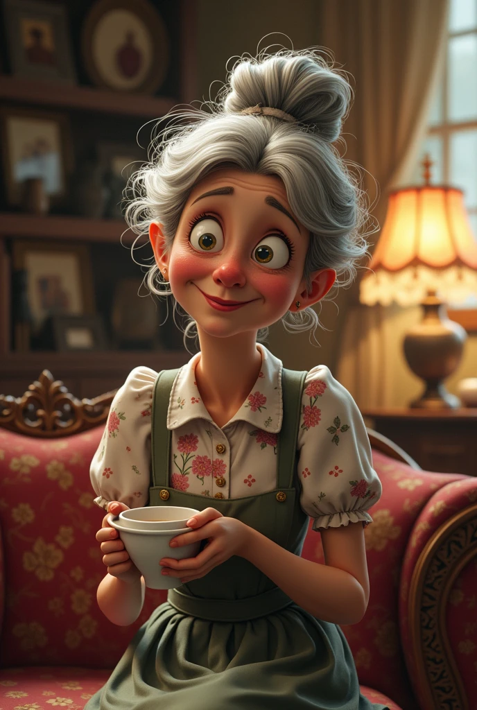 Imagine an elderly lady, with gray and messy hair, maybe tied up in a messy bun. She has a curious and slightly mischievous expression., with eyes that seem to shine with interest. She wears a flowery dress, a little old fashioned, and maybe an apron on top. In one hand, she holds a cup of tea or coffee, while with the other he makes a gesture of secrecy, as if he were about to tell some gossip. The environment around it can be a cozy living room, with antique furniture and many decorative objects.