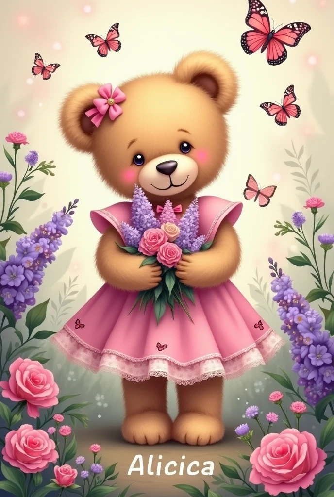 Drawing of a vintage teddy bear in a pink dress in a garden with flowers and butterflies holding a bouquet of lilac and pink flowers with the name Alicia 