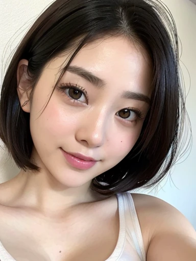 masterpiece、Highest quality、Realistic、超High resolution、High resolution、16k wallpaper、Very detailed、Finer details、Cinema Lighting、In front of the wall in a white room、Selfie of a young woman, Very detailedな顔、Transparent white skin texture、Rounded outline、Natural Makeup、A small smile、short hair、Gentle expression、Detailed eyes、Symmetrical black eyes、(short hair、Less hair volume、Thick hair、Coarse hair、High quality grey tank top)、(big tits:1.6)、nice, cute、Japanese Gravure Idol