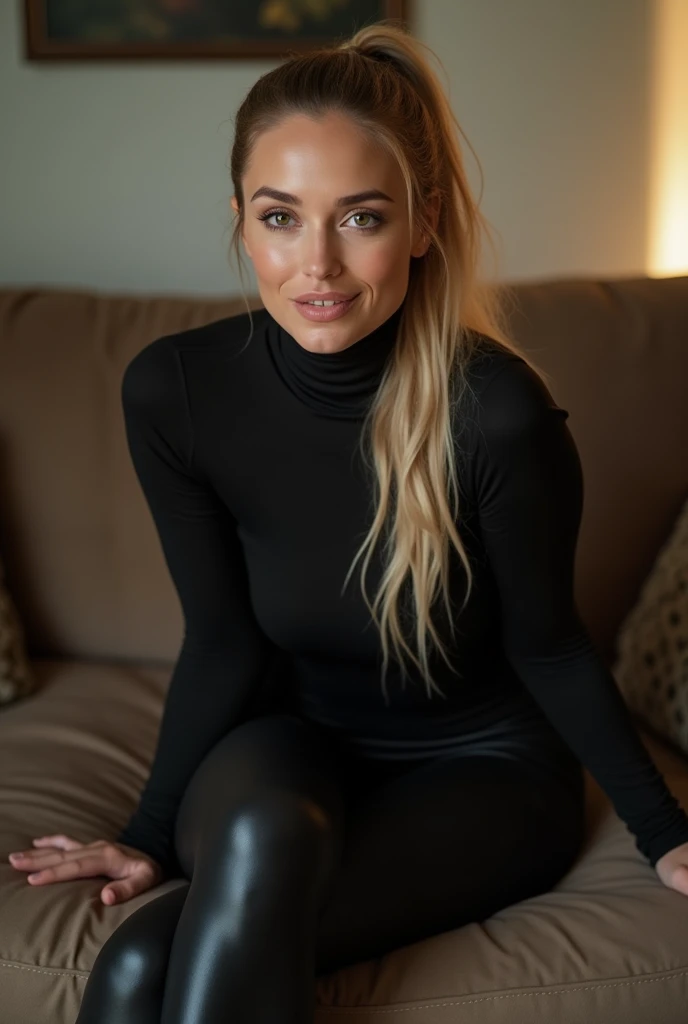 fullbody photo of a 30 years old blond with ponytail hair. She is lying on a couch at home. Her legs are wide open. She is wearing an oversize latex turtleneck top and a black latex leggings. She is looking seductive, erotic, sinful and lustful into the camera. She is smiling mischievous.