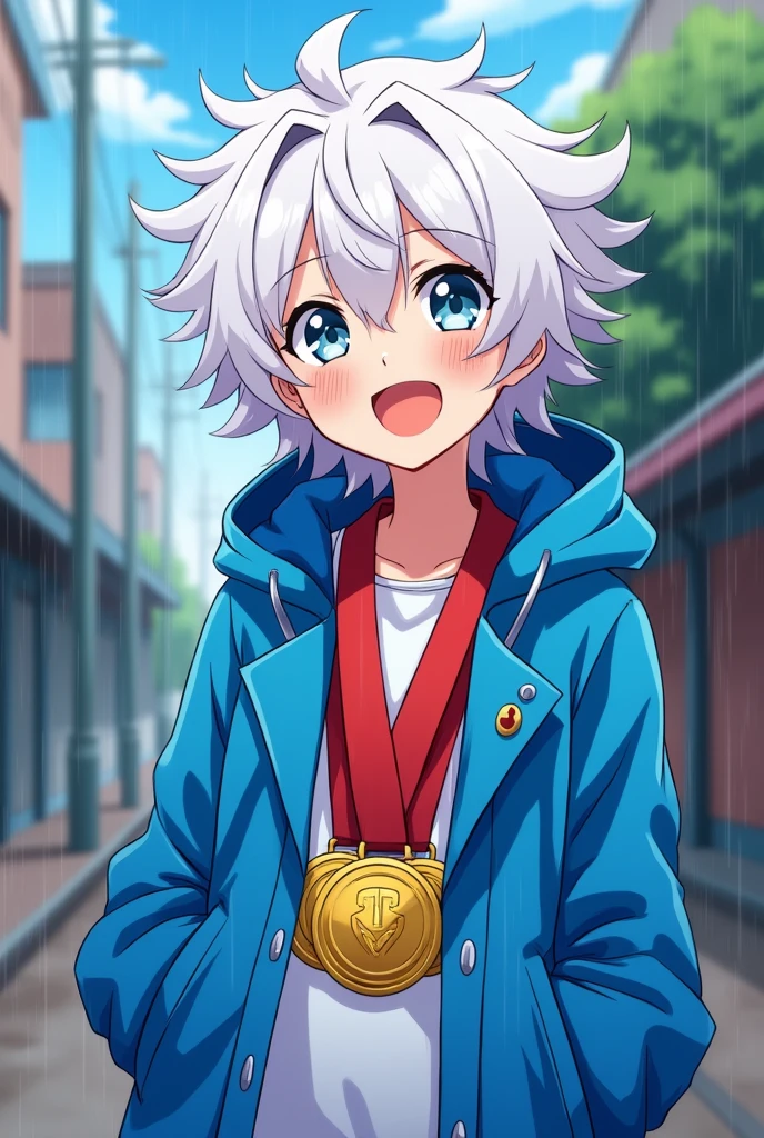 An Anime Style Drawing. One with a blue raincoat, with messy curly white hair, with four gold medals around his neck, he is smiling, realistic daytime and raining background