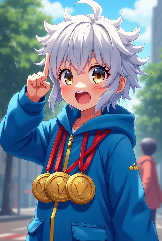 An Anime Style Drawing. One with a blue raincoat, with messy curly white hair, with four gold medals around his neck, he is smiling, realistic daytime and raining background