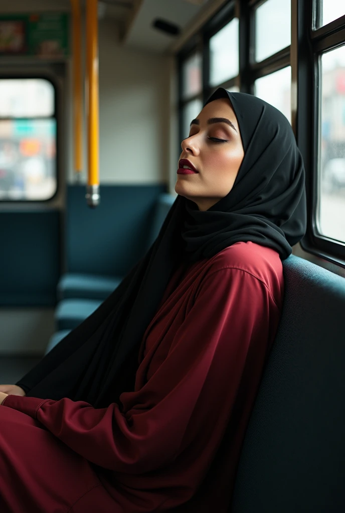 1 beautiful woman,
, maroon lips, made-up eyelids, two-button saree black and hijab full body displayed sleeping sitting on the bus, mouth open, eyes closed