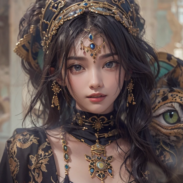 Hiding in the desert、Hair Flow、 ((Highest quality、masterpiece、8k、Best image quality、Ultra-high resolution、Award-winning works)、(Accurate anatomy:1.1)、(Look at me and smile:1.1)、Shining fair skin with Ultra-high resolution、The most detailed face、Ultra-high resolution detailed face、Ultra-high resolution hair、(Ultra-high resolutionのeyes :1.1)、Beautiful face drawn in every detail、(Blurred Background:1.1)、Ancient Islamic clothing, Chest to chest, tattoo, Old ruins in the background、Black leopard