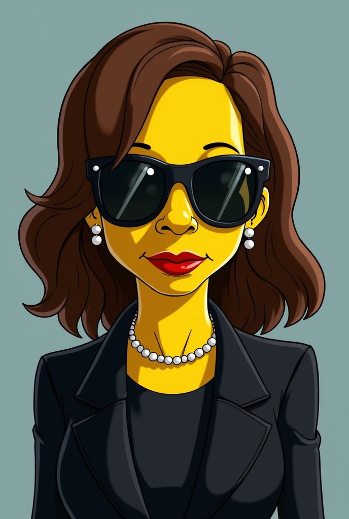 Kamala Haris features Simpson's cartoon style with a Matrix neo outfit and sunglasses with Simpson features