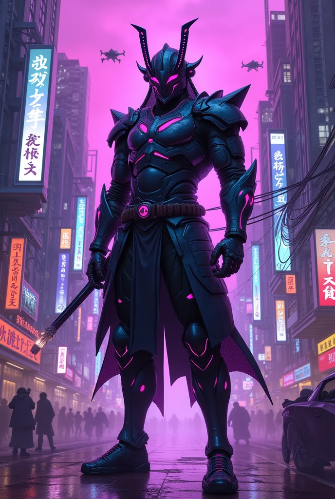 Create a picture of a cyberpunk samurai in Tokyo with cartoon purple lights
