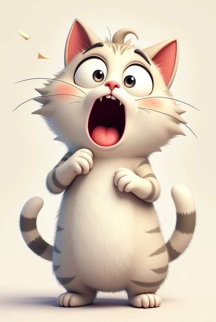 cartoonish cat with wide, surprised-looking eyes and an open mouth, giving off an expression of shock or surprise. The cat’s paws and tail are visible, and its fur is white with darker details.