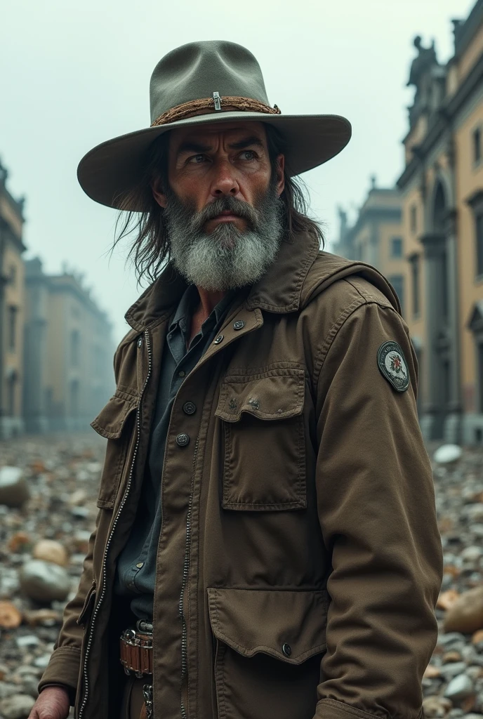 You create a hyper-realistic image for me, with the Argentine character “the adventure hunter” in an apocalyptic scene in Buenos Aires, In the background the Plaza de Mayo and the Cabildo del 25 de Mayo in ruins in the background. 