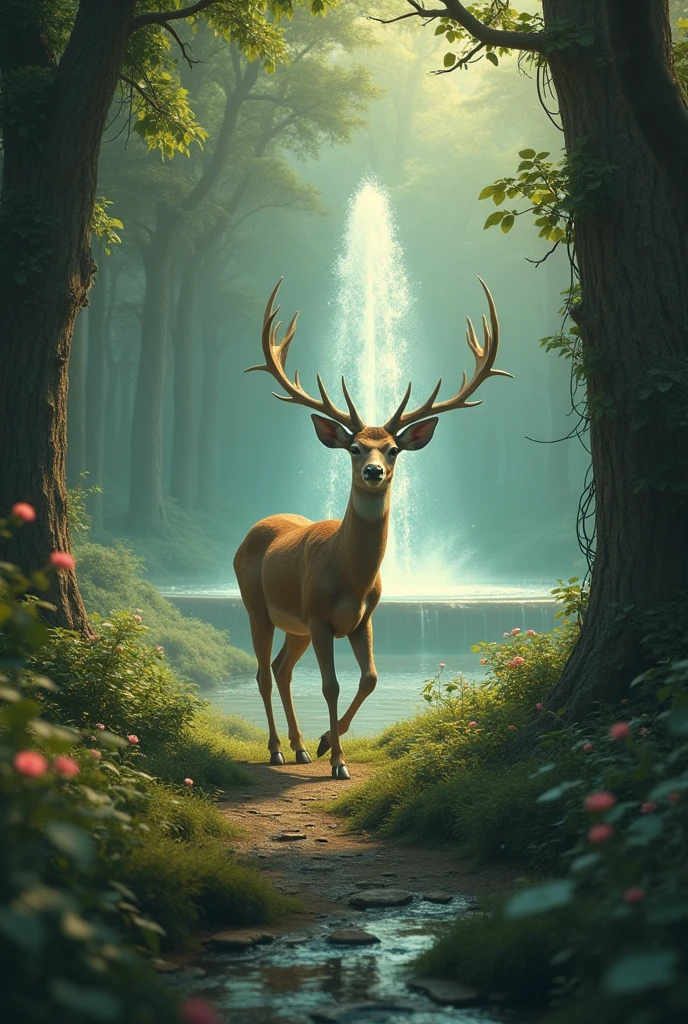 You follow the rustling sound and find a wounded deer caught in a hunter's snare. As you approach, you notice the deer's piercing eyes and carefully release it, gaining its trust. In gratitude, the deer leads you to a hidden glade with a magical fountain, where you must decide whether to drink from it or continue your journey.