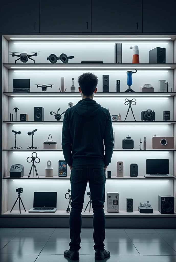 Create a 20yerar boy standing backside in front of the unique 20 numbers infront of store shelf of different gadget like massager drone tripod vlogging light microphone sefistick photography light massaging kit speakers in store shelves 