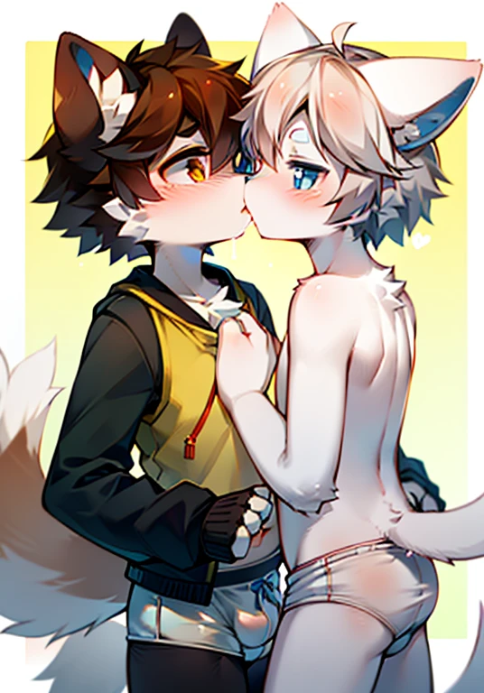 Two white male cats,White fur,One blue eye and brown hair,One golden eye and silver hair,Looking at each other,Hold together,cute,Q version,White diapers,blush,Kiss