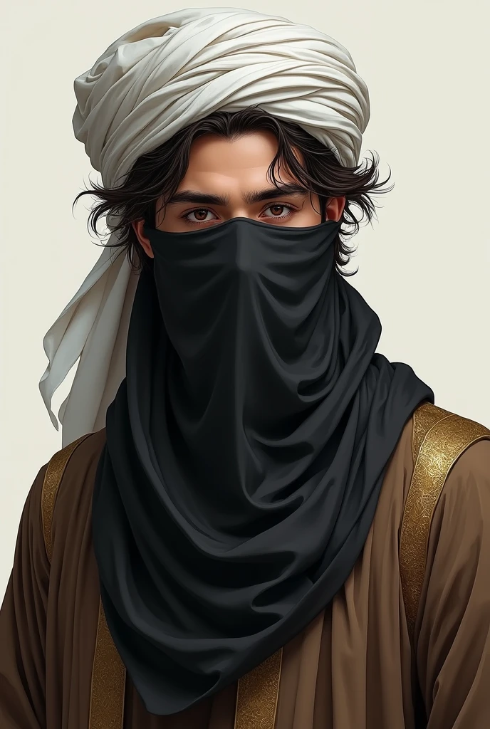 (photorealism:1.2), A man in his twenties. He has a white Islamic turban on his head. wearing brown Islamic robe. wearing a black veil covering her face. her hair is messy. realistic animation drawing. looks like jon snow