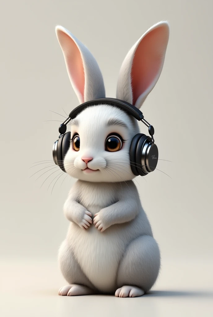 A BUNNY WITH HEADPHONES ON HIS REALISTIC HEAD