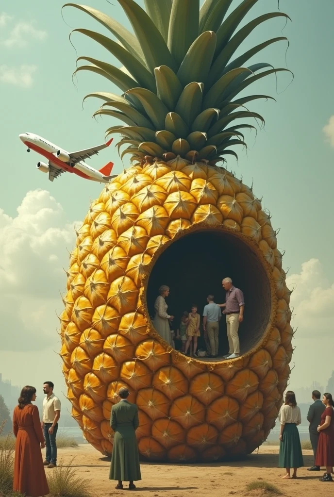 The big fruit pineapple has a big one window on top, and the inside of a window there's people communicating, and in the top of pineapple there's airplane