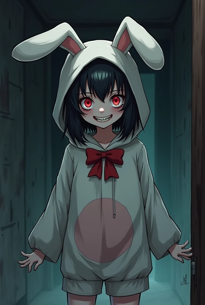 An evil looking  anime girl in a bunny costume