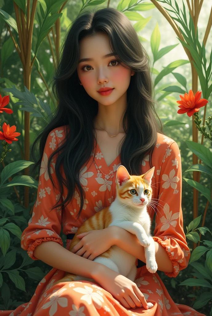 A Brazilian woman with Japanese features in a lush tropical garden, wearing a floral print dress, holding her orange and white cat and her yellow Pinscher puppy on her lap
