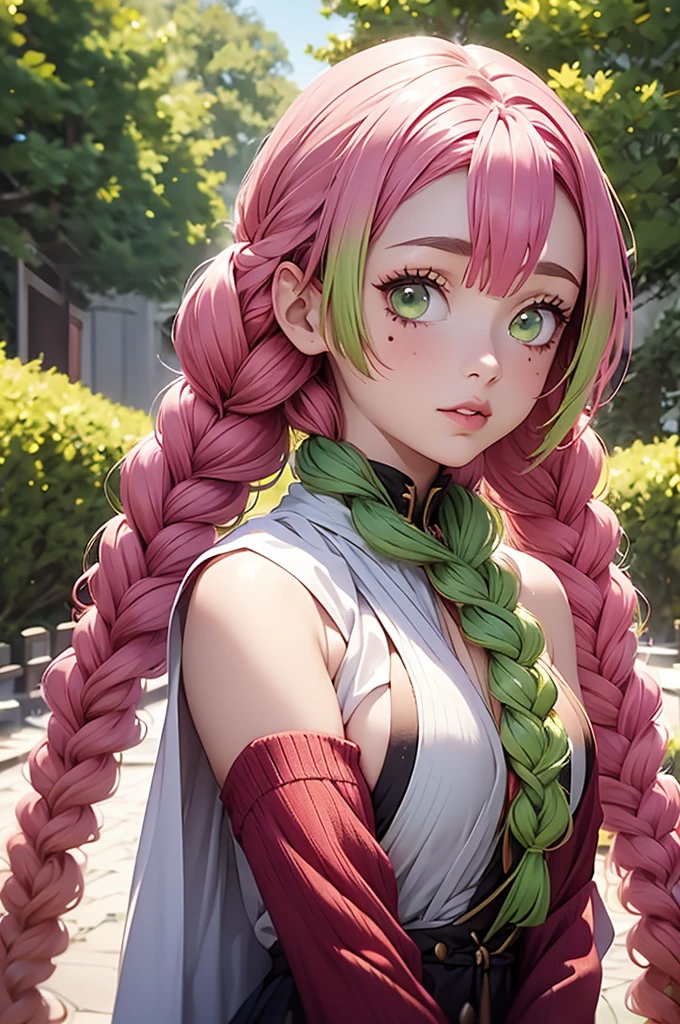 a woman with pink hair posing next to trees dressed in a red sweater, 1girl, solo, kanroji mitsuri, multicolored hair, green eyes, mole, pink hair, braid, green hair, sweater, long hair, gradient hair, mole under eye, looking at viewer, twin braids, breasts, parted lips, off shoulder, lips, sleeveless, autumn leaves, bare shoulders, autumn,mitsuri(demon slayer)