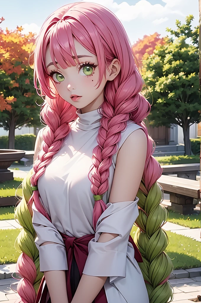 a woman with pink hair posing next to trees dressed in a red sweater, 1girl, solo, kanroji mitsuri, multicolored hair, green eyes, mole, pink hair, braid, green hair, sweater, long hair, gradient hair, mole under eye, looking at viewer, twin braids, breasts, parted lips, off shoulder, lips, sleeveless, autumn leaves, bare shoulders, autumn,mitsuri(demon slayer)