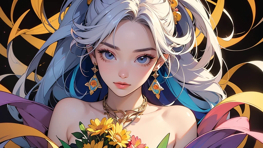 32K, 最高quality, 最高masterpiece, (ultra-Detailed Background, Detailed Background), High resolution, Super detailed, Very detailedな, 1 personの, (bouquet:1.3), (Tangled:1.2), (Geometric:1.2),(colorful),(masterpiece, quality, best quality, Official Art, Beautiful and beautiful:1.2), (1 person:1.3), Very detailed,(colorful:1.1)(Flowers:1.3),Most detailed,(Tangled:1.2), whole body, (Abstract background:1.3), (Skin glows), (Many colors:1.4), ,(Earrings Jewelry:1.5), Yellow background, It's imaginative., Milk tea colored hair, Updo,