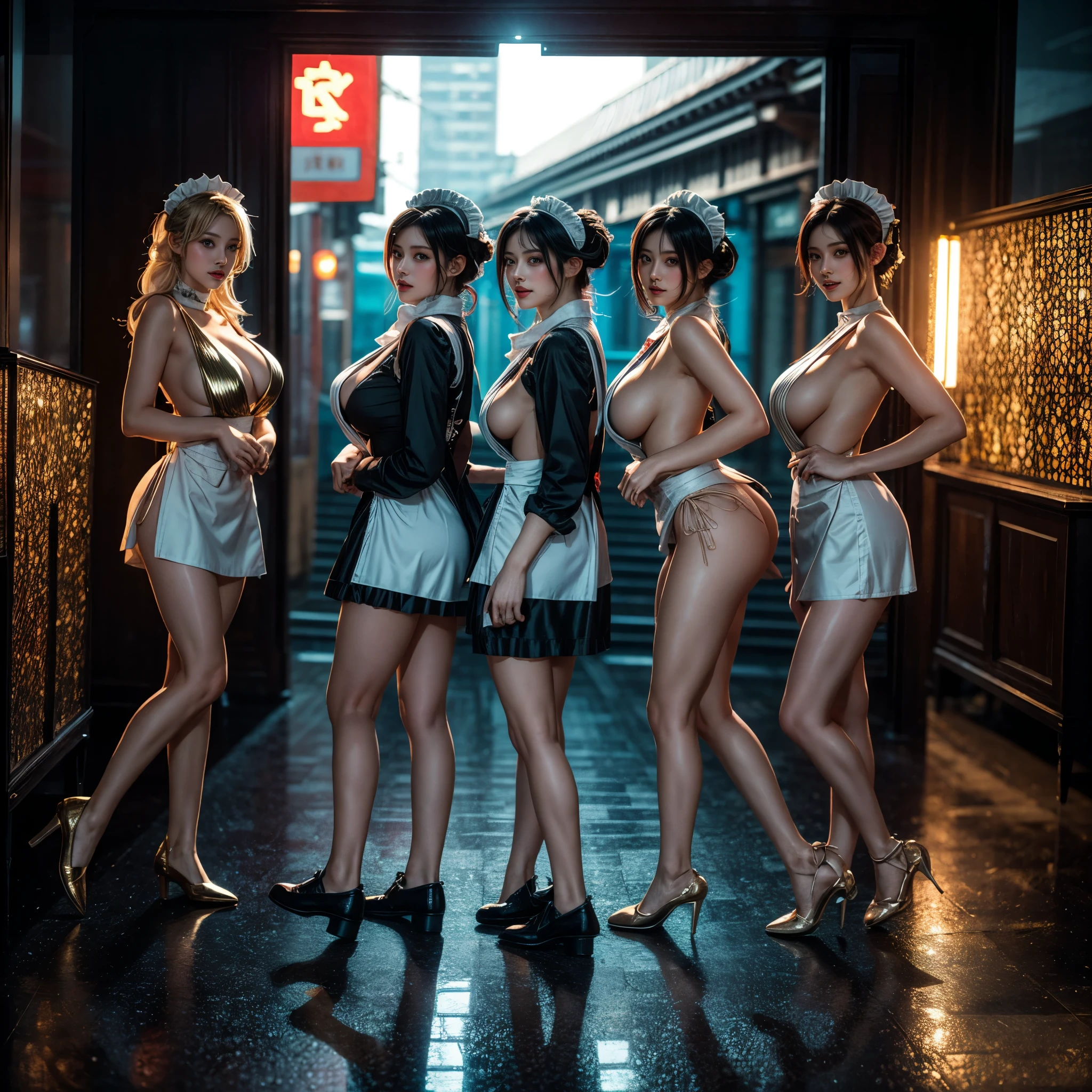 (Full Body of Extremely Detailed((Sexy Maid Group in a row:1.37))), KAWAII perfect face, Reflective Eyes, Detailed(Delicate Clothing textures), Correct Leg Line, Dynamic Joyful Expressions LifeLike Rendering, Specular Reflection, TopQuality 8K Ultra-detailed masterpiece (ProfessionalPhoto:1.37), (Acutance:0.8), (Luminism:1.28), Renaissance art style, Colorful Light particles, ((Full body from side)), {MicroMini Skirt|Kissing|Thigh Gap|AssFocus|(NakedApron with (Overflowing Sideboob))|[Gold NippleSticker]}, Radiant Fine Skin with Transparency, (Exposed:0.41), (Different types of Anime hair color){Pink Hair|LightBlue Hair|Platinum Blonde|Pure White Hair|Liquid Hair}, Perfect Lighting 