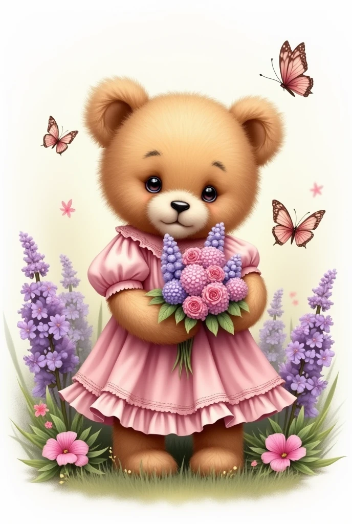 Drawing of a vintage teddy bear in a pink dress in a garden with flowers and butterflies holding a bouquet of lilac and pink flowers on a white background 