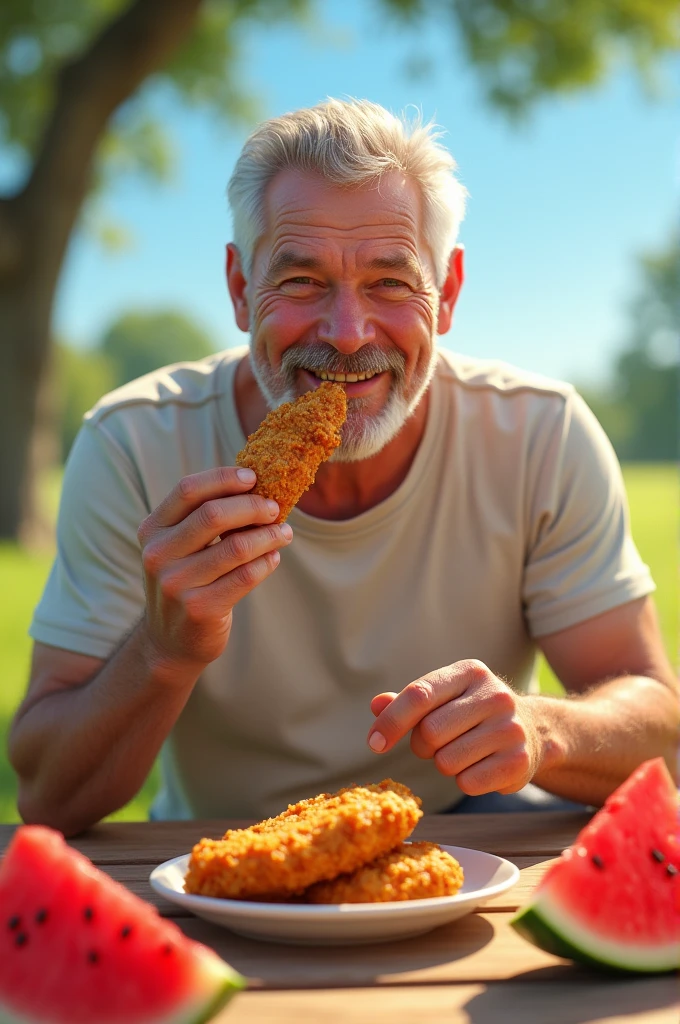 a man, eats fried chicken and watermelon