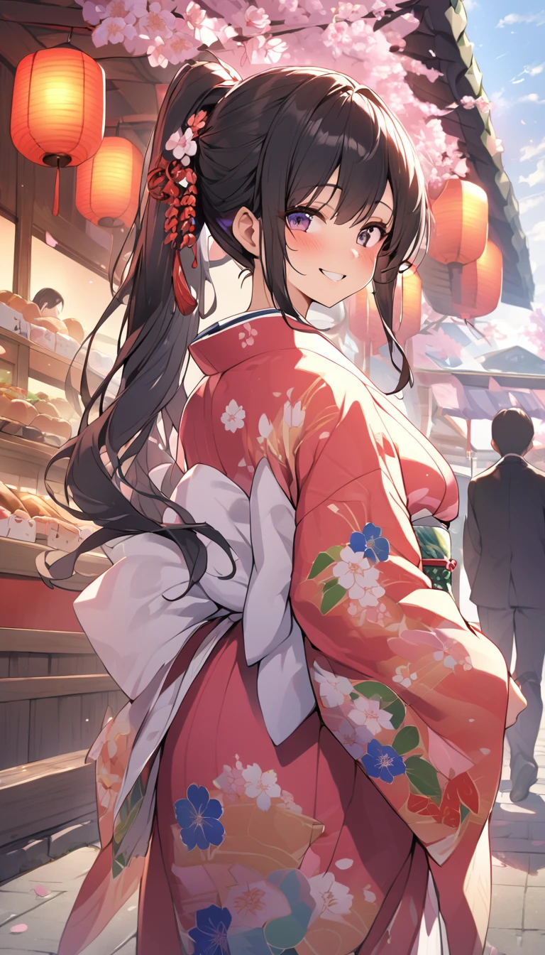 One Woman、beautiful girl、after school、evening、kimono、kimono、ponytail、Waraji、School、Back of the school building、spring、cherry blossoms々、はためくcherry blossomsの花びら、Long Hair、Highest quality、Ultra HD、Black Hair、smile、8 heads、White tabi socks、Japanese Umbrella、smile、Cowboy Shot、festival、Many food stalls