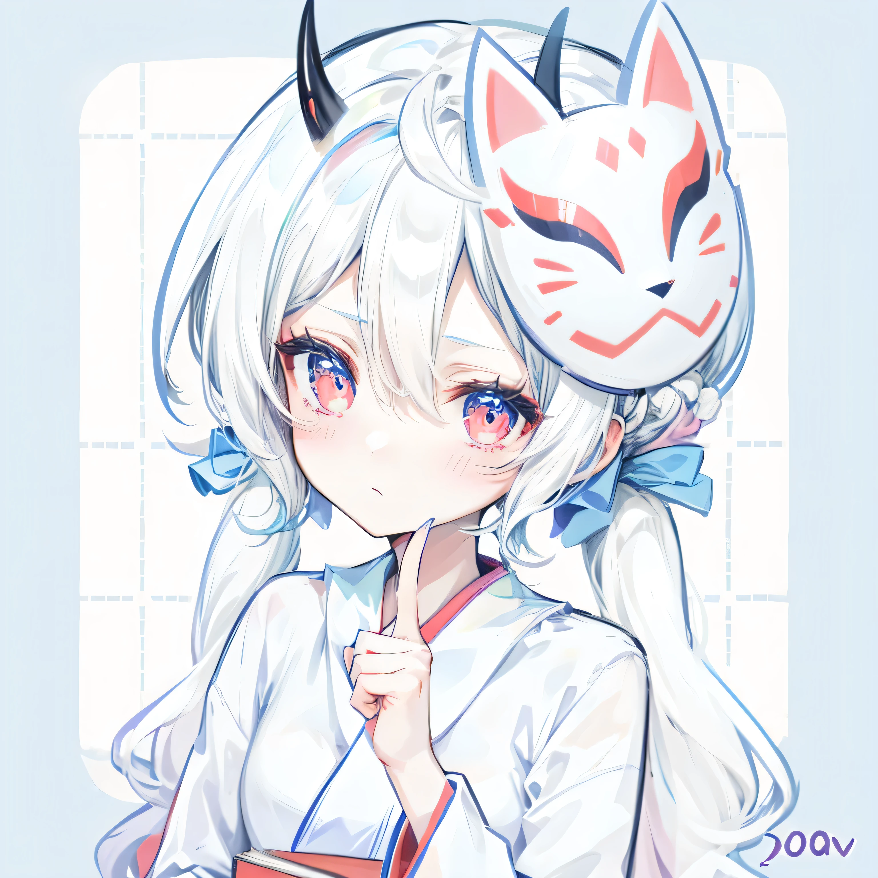 White-haired, long-haired, red-eyed girl with two horns on her head Girl's body Shrine maiden robe Holding a fox mask in one hand and preparing to bring it on, and holding a book in the other hand There is a flame around the book, but it will not be burned
