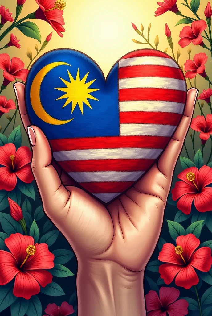 Two Big hand holding a heart made caring of malaysia flag
Surrounding by :
- birds represent freedom
- graduation hat represent intelligence
- big building malaysia petronas
- tengku abdul rahman shouting merdeka
- add gold frame outer line for illust