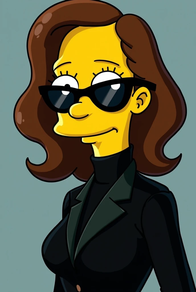 Kamala Haris features Simpson&#39;s cartoon style with a Matrix neo outfit and sunglasses with Simpson features 
