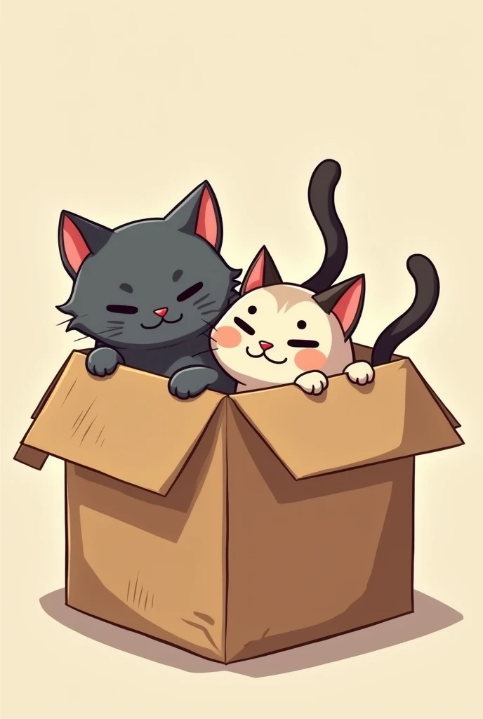 two cats inside a brown box with their tails up, one gray and one Siamese, cartoon style