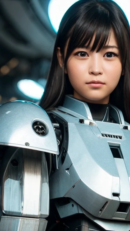 Wide-angle shot, 1 female, Mecha, Shining black eyes, Very cute face, (Realistic:1.37), バイオMechaニカル, Spaceship interior bokeh background, Ultra-realistic, Very detailed, Very intricate details, Beautiful woman in focus、