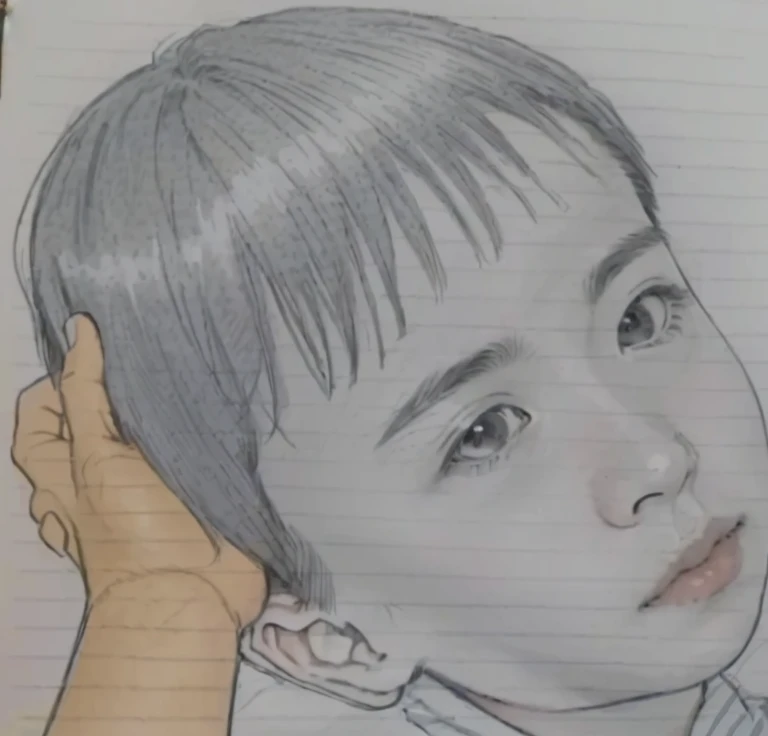 picture of a young boy with a medal around his neck, Detailed face of asian boy, by Ayako Rokkaku, Inspired by Takeharu Matsumura, By Yasutomo Oka, Pencil sketch, Close-up portrait, By Yuki Ogura, Inspired by Huang Gongwang, Based on a child&#39;s picture, picture、Generate a color photo。more more more、Generate it with a smile。Make the cheeks fuller and create nasolabial folds。A cute 3 year old boy、Smile and laugh、From the nostrils to the mouth、I have nasolabial folds on both sides.、Generate a brighter smile。