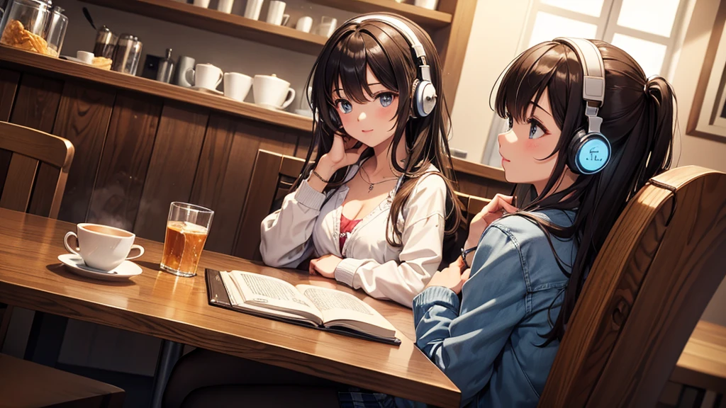 Girl with headphones enjoying music in a cafe　I am studying　Emphasize a little bit of the chest