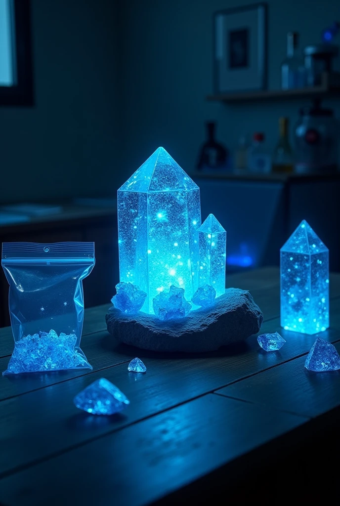 "A sparkling blue crystal sits on a wooden table, surrounded by a dark laboratory atmosphere. A spotlight illuminates the crystal, emitting a mesmerizing glow. Beside the main crystal, there is a clear ziplock bag containing smaller blue crystals, while several other crystals are scattered around all around, creating a mysterious and secretive feel."