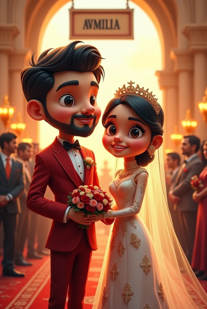 (photorealism:1.2), create a image of couple wearing marrage clothes with American design and give name husband name sadullah and wife name rejwana give the background of big marriage hall with many people and paste a board on the couple and write their names sadullah and rejwana but image create like a astatic carton