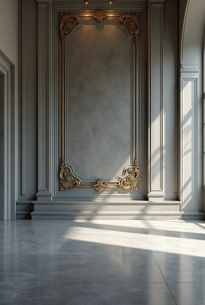 Room with large space, polished gray floor, panel with gray and gold names