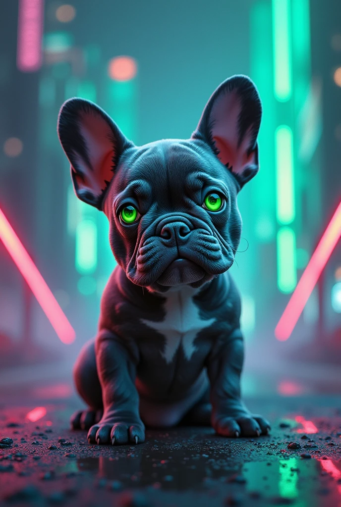 a grey french bulldog with green eyes tech with dj marshmellow noe with the name highlighted "Marsh"