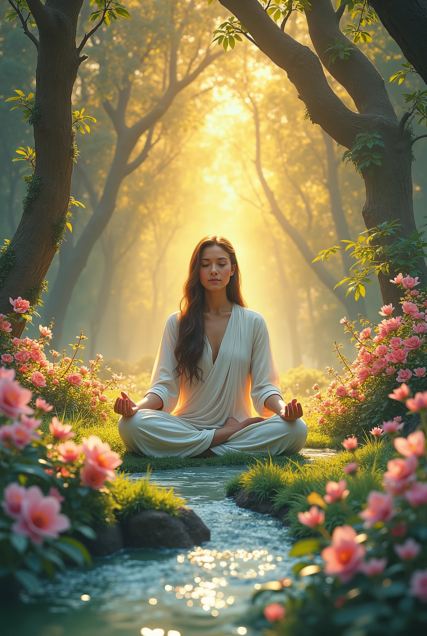 Imagine a serene, mystical garden, bathed in a soft golden glow, resembling ancient illuminated manuscripts. In the heart of this scenery, there's a figure sitting in a meditative state, encircled by vibrant blossoming flowers and gently babbling streams of water. The scene is portrayed through a tilt-shift lens, bringing about an otherworldly, dreamlike ambience and highlighting the spiritual aspect of the journey. The artistry is a blend of digital art and glowing airbrush techniques, giving the visualization an alive feel with bright colors and fine details. This image should evoke a profound feeling of tranquility, enlightenment, and respect for the spiritual journey conveyed in ancient holy texts.