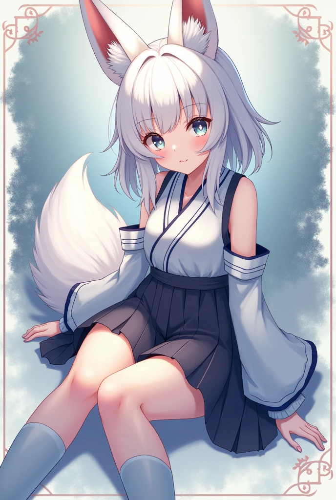 Fox ears、、Bushy tail、White Hair、high resolution、Highest quality、High quality、Japanese style、Knee-high socks、mini skirt、delicate、