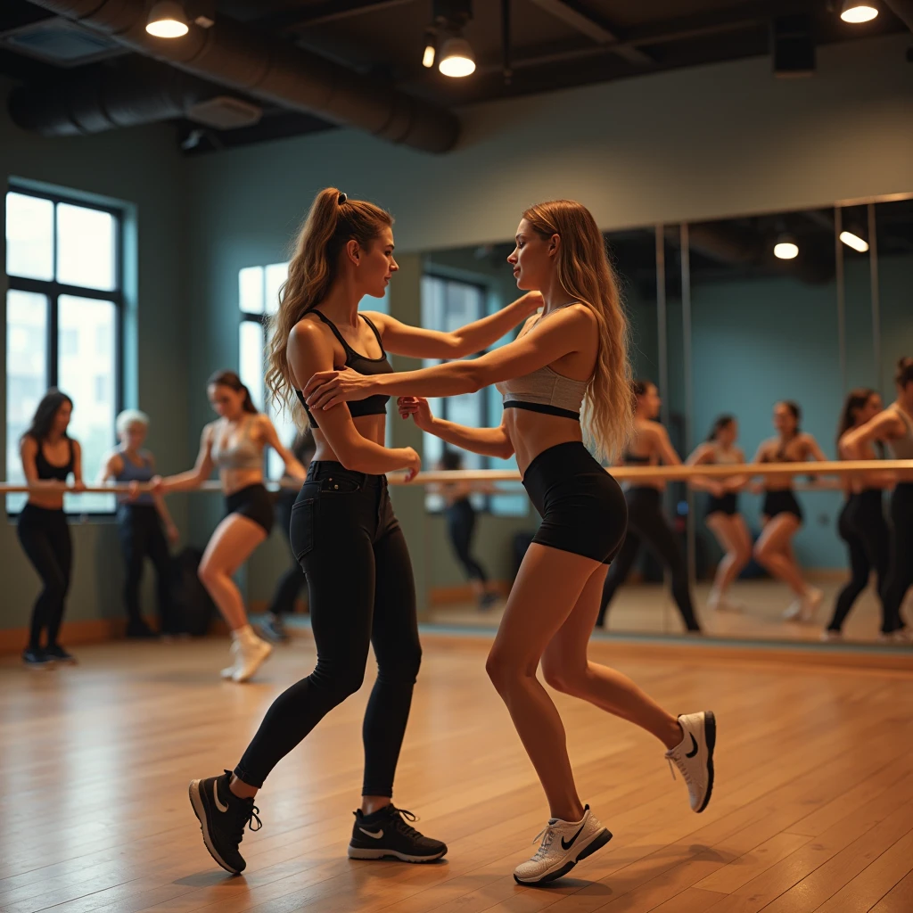An idol being taught how to dance by a female dance instructor、Overcoming dance weaknesses through careful instruction