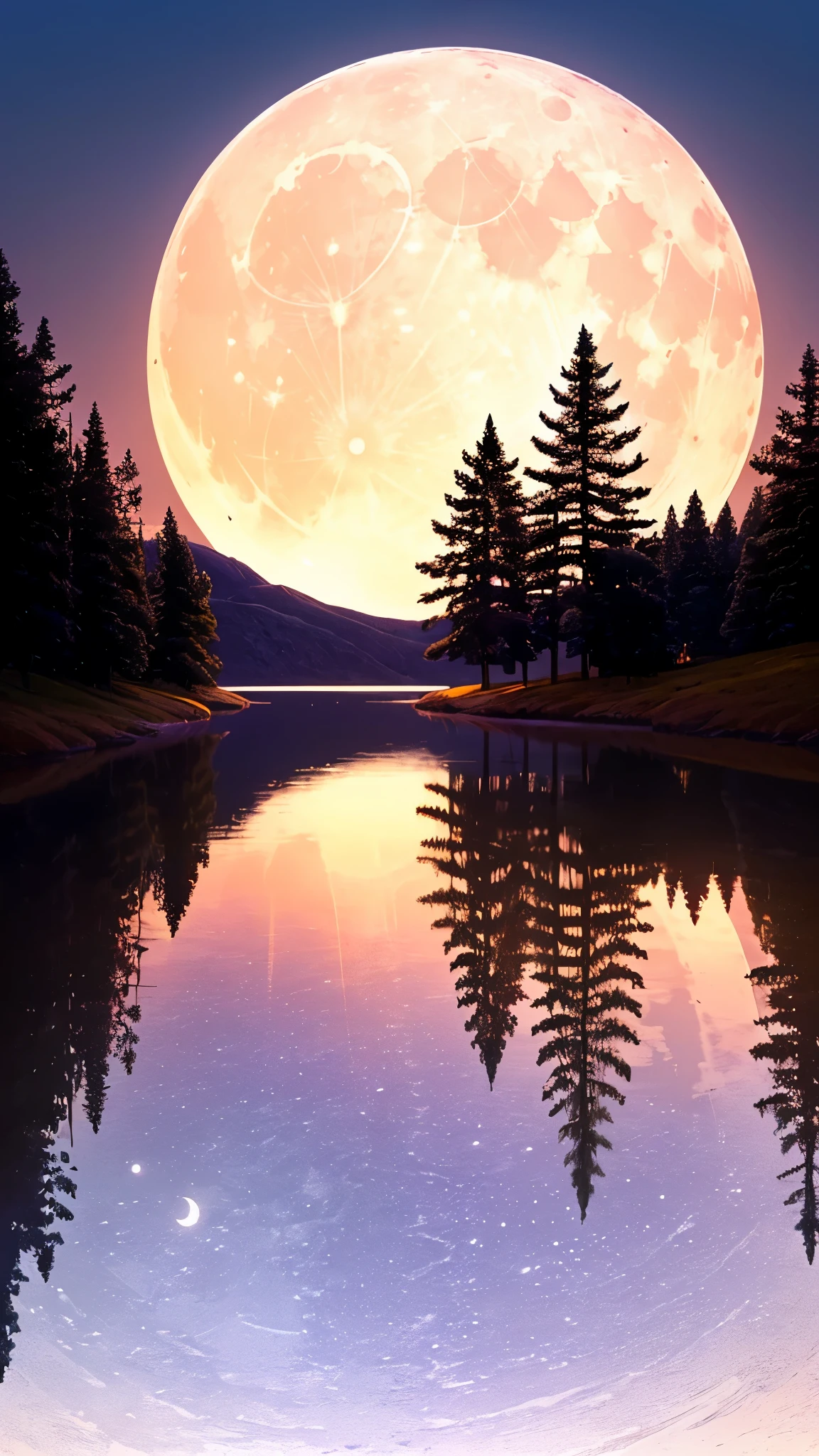 a digital art captures the essence of a full moon serene twilight. The top half is adorned with a gradient of colors, transitioning from a deep indigo at the zenith, slowly fading into a softer lavender, and finally into a warm, rosy pink at the horizon.
(large huge big yellow shinny bright moon in sky:1.4)
Scattered across this canvas are tiny, twinkling stars, their light a gentle contrast to the darkening sky. A crescent moon, in a soft silver hue, hangs low, casting a subtle glow.
The lower half of the wallpaper is a silhouette of a tranquil forest. The trees, varying in size and shape, stand tall and serene, their outlines sharp against the soft hues of the sky. A small, tranquil lake reflects the moonlight, adding a touch of magic.
In the center, a majestic stag stands, its antlers reaching up towards the sky, adding a touch of life to the scene. The overall effect is calming, with a touch of whimsy