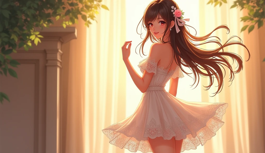 Lace,Ultra high quality,High heel,Long legs,Smile,Sunlight,Off-shoulder,Short skirt,Expose the whole body,Wear flowers on your head,student,charming,Lifting skirt,Ribbon,School Belle