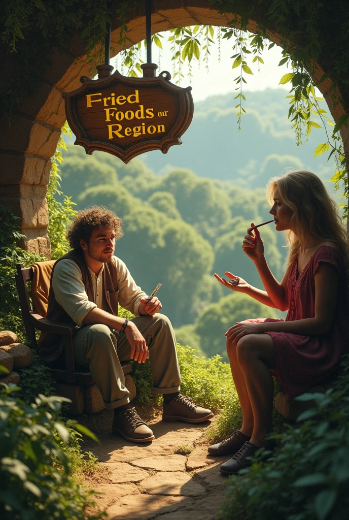 Current marijuana users smoking weed and the current hobbit region with a movie-style sign that says " Fried foods from the region"
