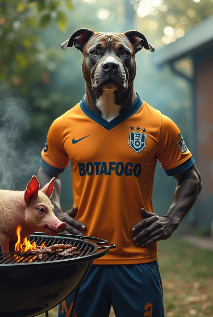 Pitbull dog wearing a Botafogo team shirt with his paws on his waist and a barbecue with a praying pig, crying with the Palmeiras team shirt to roast