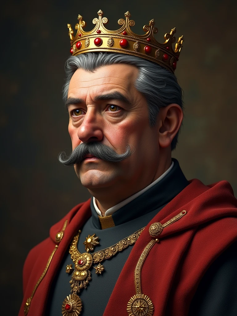 Depict the Armenian emperor with gray hair and mustache and so that he is a little fat with a crown on his head in the style of hoi4 The news order last day Europe and so that only half of his body is visible because this will be the Image of the Country's leader