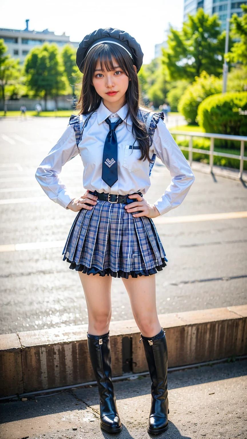 (8k、RAW Photos、Highest quality、masterpiece:1.2)、(Realistic、Realistic)、1 person、((View from the front、Black and light blue、Looking into the camera、check、boots、mini skirt、High school uniform、、Standing with one hand on hip、Frills、))、cute